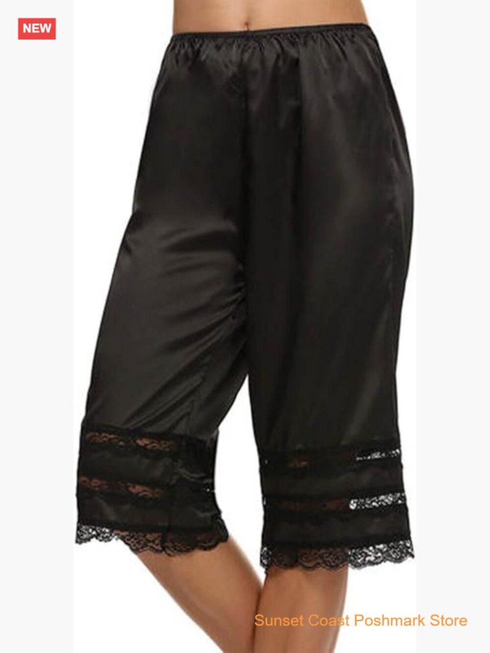 Satin Half Slip Capri Pants Lace Trim Elastic Waist Lingerie